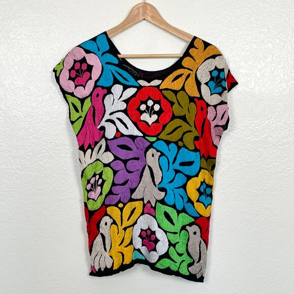 Mexican Colorful Black Hand Embroidered Jalapa Blouse Oaxacan Floral Hand Small - Picture 3 of 15